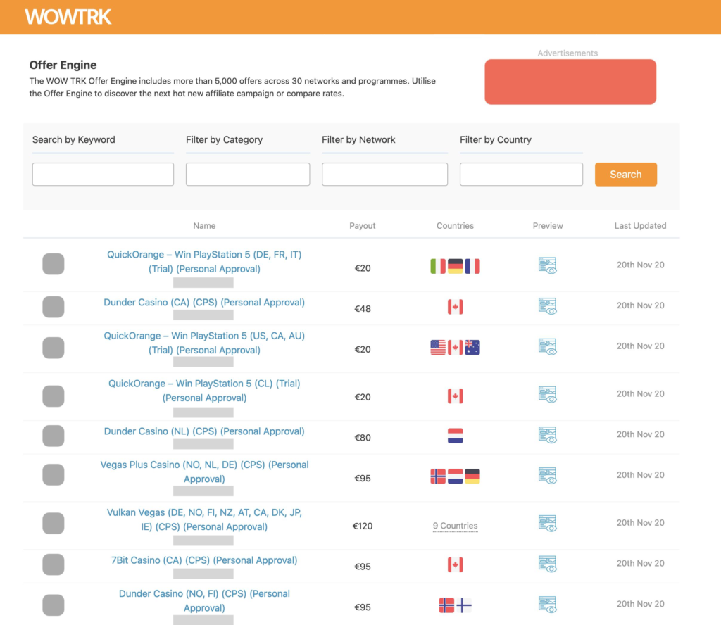 Screenshot example of the Offer Engine